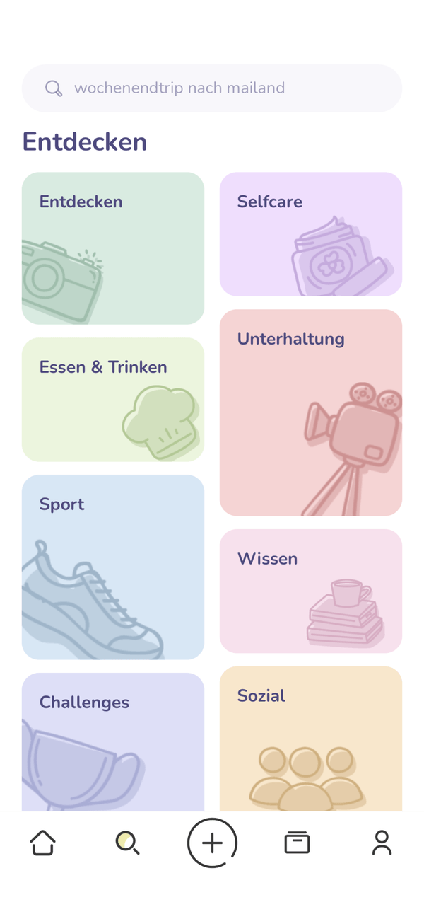 Swiva App-Screenshot mit Kategorien zum Entdecken neuer Aktivitäten