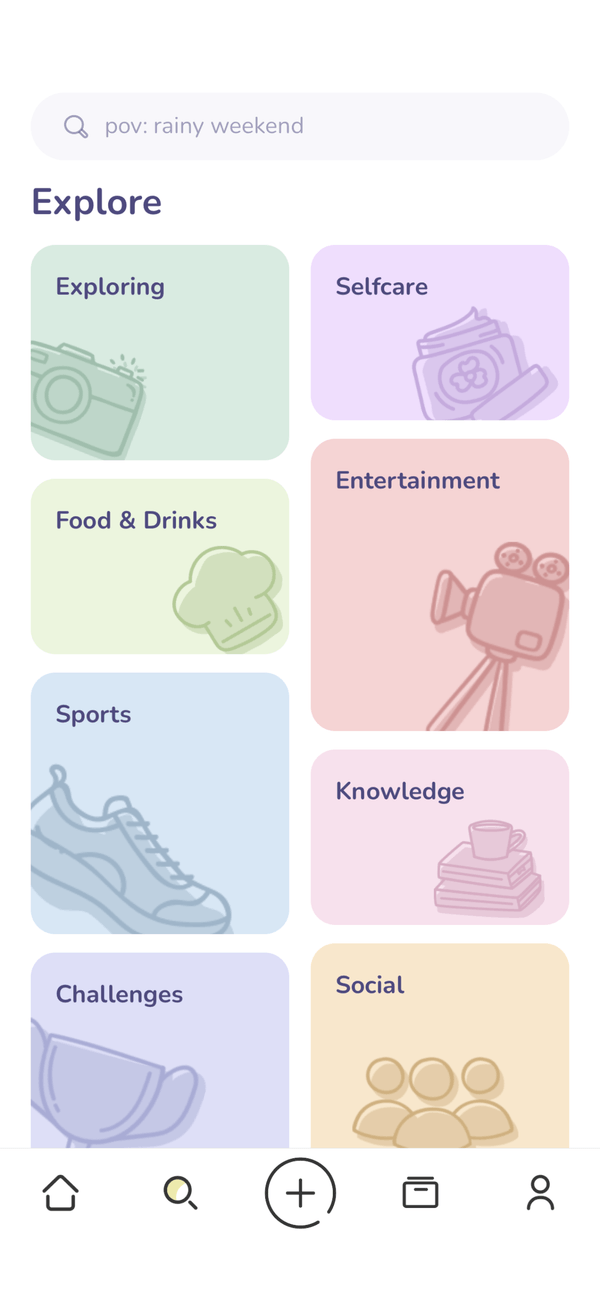 Swiva app screenshot with categories for discovering new activities