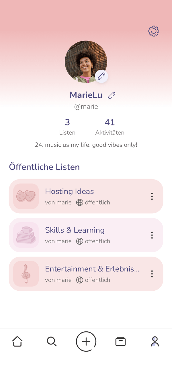 Swiva App-Screenshot mit einem Profil und öffentlichen Listen