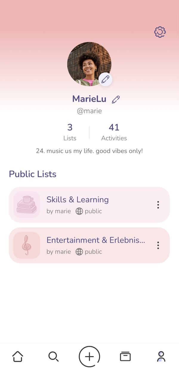 Swiva app screenshot with a profile and public lists