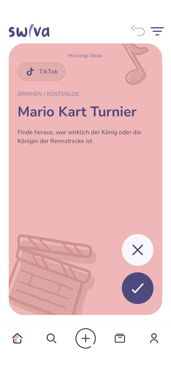 Swiva Swipe-Ansicht mit einer Aktivitätskarte