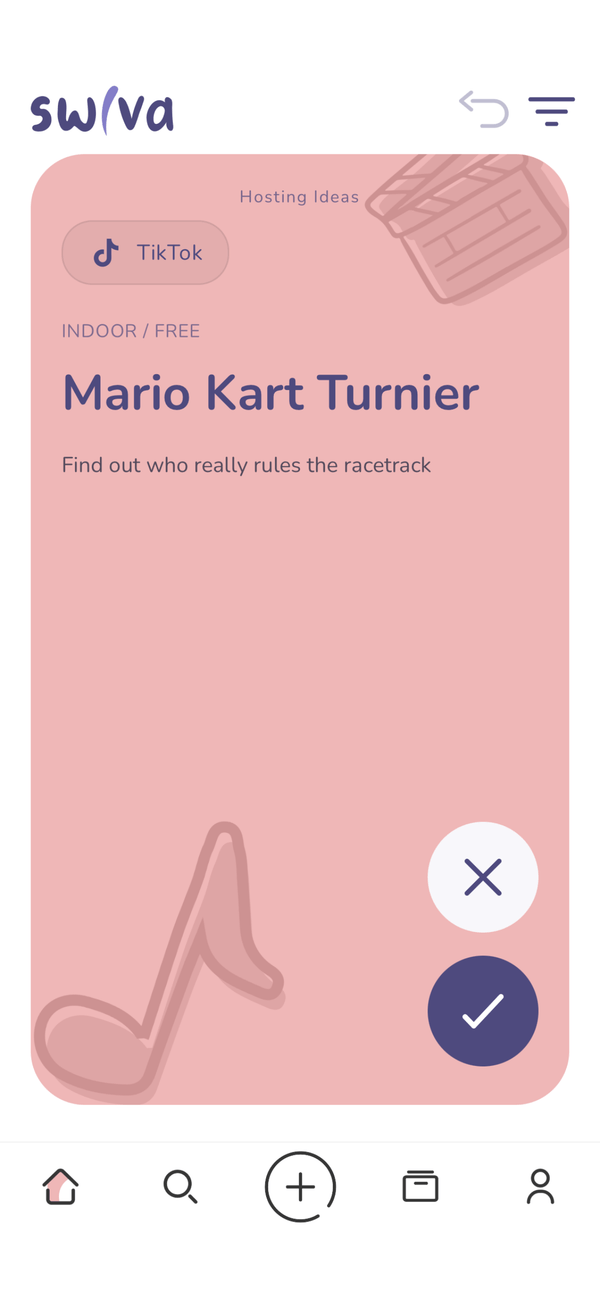 Swiva app screenshot with a swipeable activity card